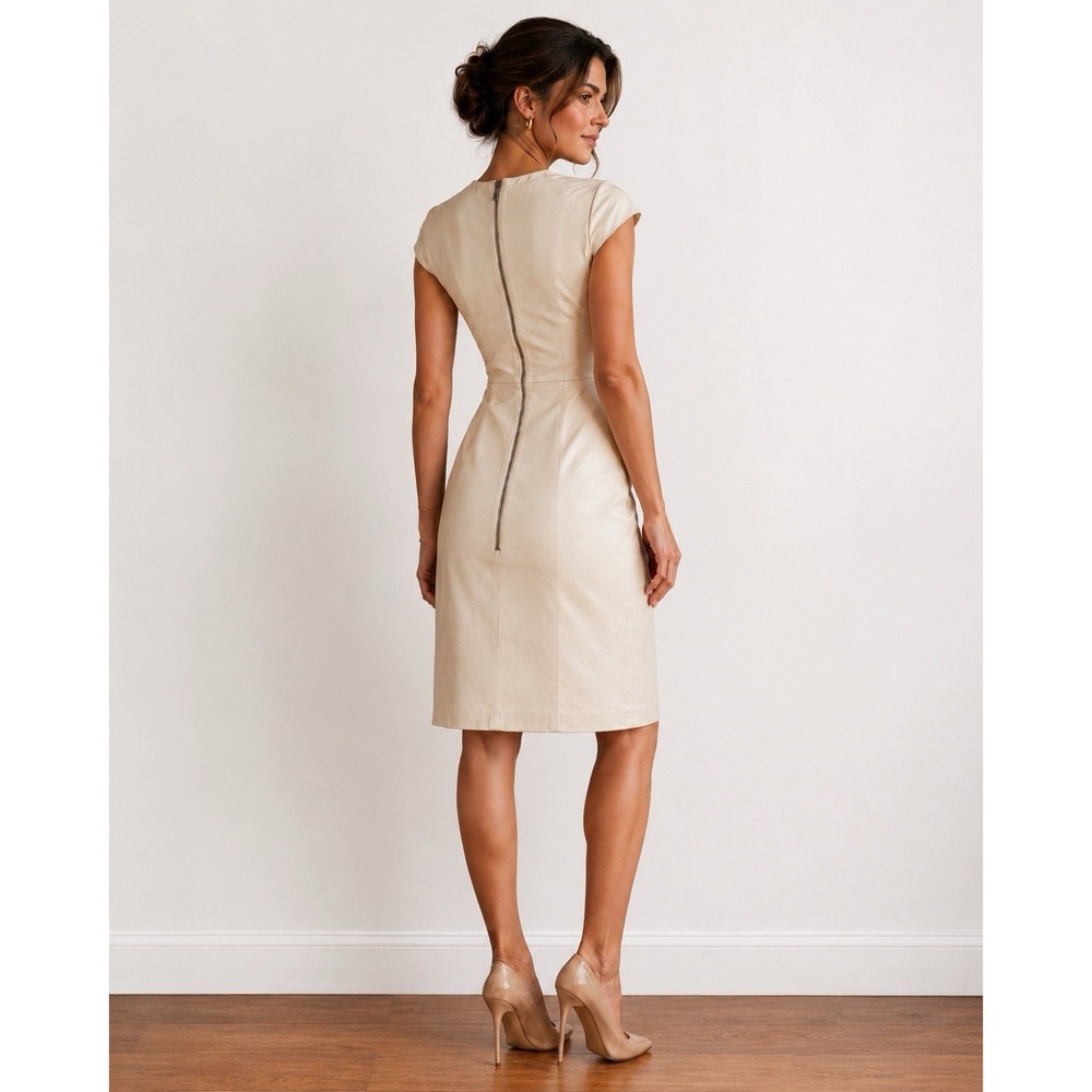 Theory Women's Size 6 Ivory Lamb Leather Sheath Dress Cap Sleeve Back Zip Lux